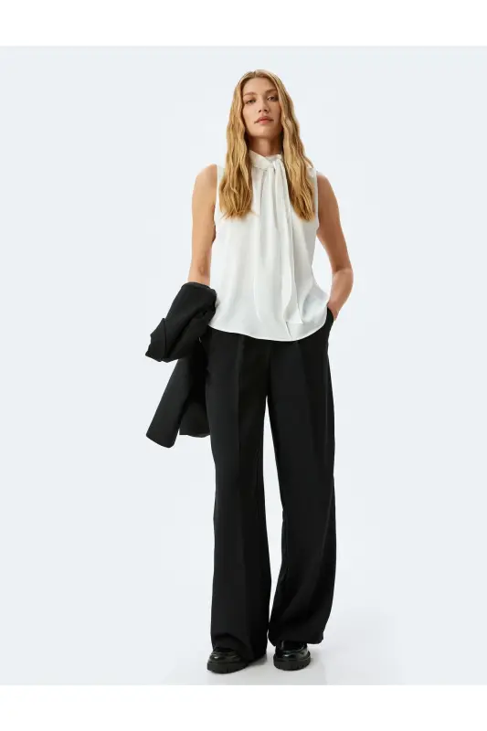 Buttoned Shawl Collar Sleeveless Satin Blouse-Ecru - 2