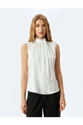 Buttoned Shawl Collar Sleeveless Satin Blouse-Ecru - 3