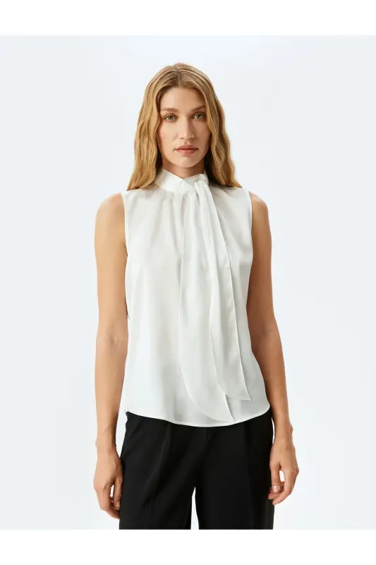 Buttoned Shawl Collar Sleeveless Satin Blouse-Ecru - 3