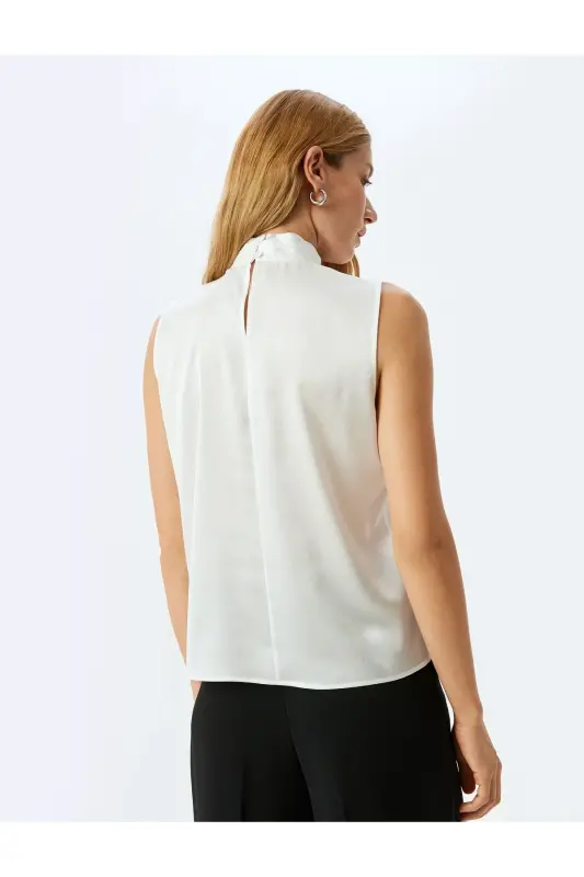 Buttoned Shawl Collar Sleeveless Satin Blouse-Ecru - 4