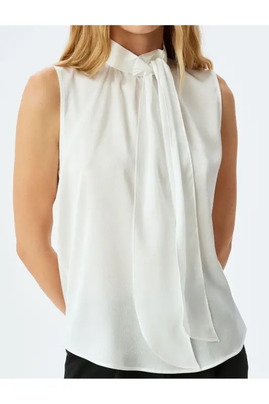 Buttoned Shawl Collar Sleeveless Satin Blouse-Ecru - 5