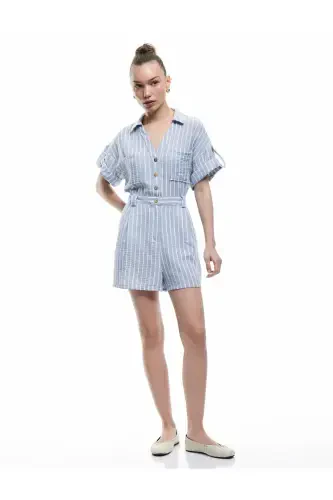 Buttoned Short Sleeve Pocket Detailed Shirt Collar Mini Salopet Jumpsuit - 1