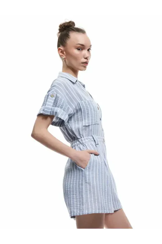 Buttoned Short Sleeve Pocket Detailed Shirt Collar Mini Salopet Jumpsuit - 2