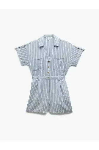 Buttoned Short Sleeve Pocket Detailed Shirt Collar Mini Salopet Jumpsuit - 3