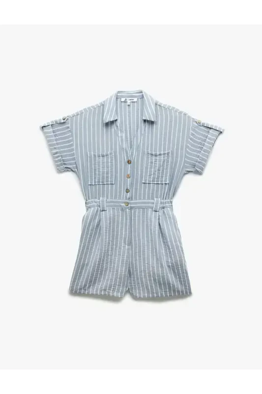 Buttoned Short Sleeve Pocket Detailed Shirt Collar Mini Salopet Jumpsuit - 3