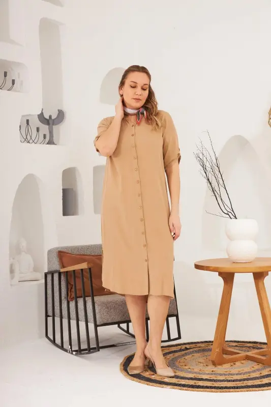 Buttoned Sleeve Detailed Plus Size Mink Dress - BÜYÜKBEDENIZ