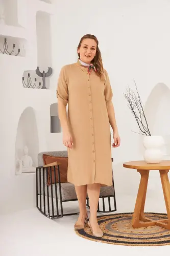 Buttoned Sleeve Detailed Plus Size Mink Dress - 3