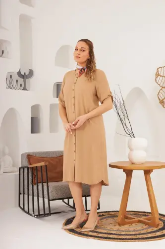 Buttoned Sleeve Detailed Plus Size Mink Dress - 4