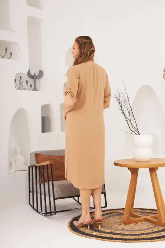 Buttoned Sleeve Detailed Plus Size Mink Dress - 5