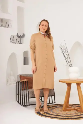 Buttoned Sleeve Detailed Plus Size Mink Dress - BÜYÜKBEDENIZ (1)