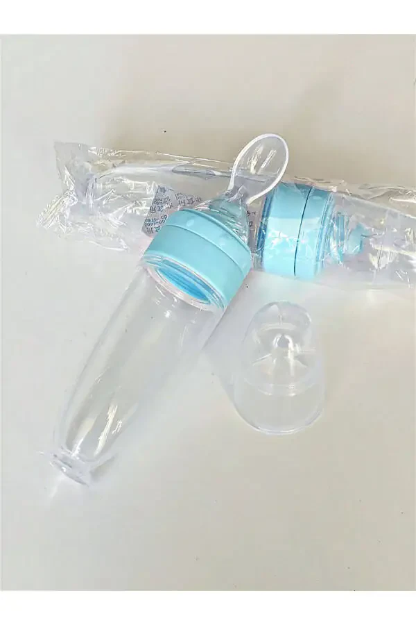 Бутылочка с силиконовой вставкой и ложкой (90 мл) — синяя - 4
