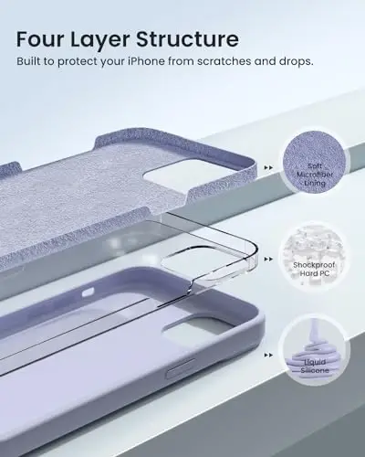 BUYDOT iPhone 15 Pro uchun g'ilof Suyuq silikon Ingichka zarbga chidamli himoya qopqog'i 6,1 dyuymli chizishga qarshi tomchidan himoya, och binafsha - 2