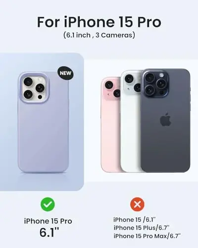 BUYDOT iPhone 15 Pro uchun g'ilof Suyuq silikon Ingichka zarbga chidamli himoya qopqog'i 6,1 dyuymli chizishga qarshi tomchidan himoya, och binafsha - 6
