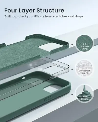 BUYDOT iPhone 15 Pro uchun g'ilof Suyuq silikon Ingichka zarbga chidamli himoya qopqog'i 6,1 dyuymli chizishga qarshi tushishdan himoya, o'rmon yashil - BUYDOT (1)