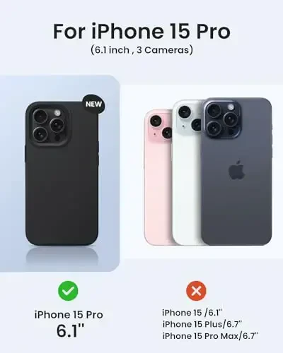 BUYDOT iPhone 15 Pro uchun g‘ilof Suyuq silikon Ingichka zarbga chidamli himoya qopqog'i 6,1 dyuymli chizishga qarshi tushishdan himoya, qora - 6