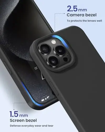 BUYDOT iPhone 15 Pro uchun g‘ilof Suyuq silikon Ingichka zarbga chidamli himoya qopqog'i 6,1 dyuymli chizishga qarshi tushishdan himoya, qora - 3