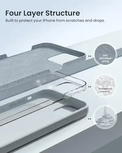 BUYDOT iPhone 15 Pro uchun g'ilof Suyuq silikon Yupqa zarbga chidamli himoya qopqog'i 6,1 dyuymli tirnalishga qarshi tomchidan himoya, Moviy kulrang - 2