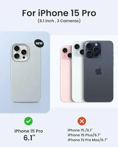 BUYDOT iPhone 15 Pro uchun g'ilof Suyuq silikon Yupqa zarbga chidamli himoya qopqog'i 6,1 dyuymli tirnalishga qarshi tomchidan himoya, Moviy kulrang - 6