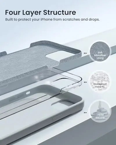 BUYDOT iPhone 15 Pro uchun g'ilof Suyuq silikon Yupqa zarbga chidamli himoya qopqog'i 6,1 dyuymli tirnalishga qarshi tomchidan himoya, Moviy kulrang - 2