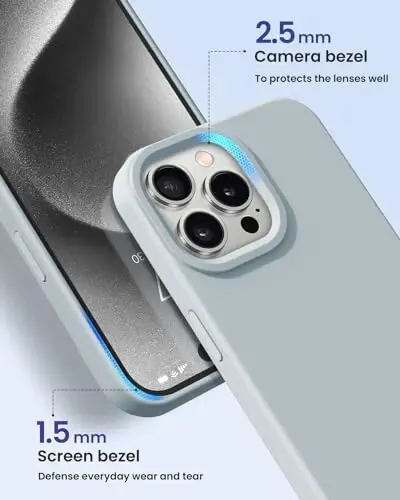 BUYDOT iPhone 15 Pro uchun g'ilof Suyuq silikon Yupqa zarbga chidamli himoya qopqog'i 6,1 dyuymli tirnalishga qarshi tomchidan himoya, Moviy kulrang - 3