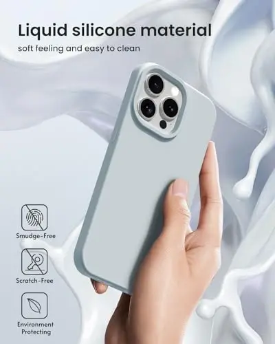 BUYDOT iPhone 15 Pro uchun g'ilof Suyuq silikon Yupqa zarbga chidamli himoya qopqog'i 6,1 dyuymli tirnalishga qarshi tomchidan himoya, Moviy kulrang - 5