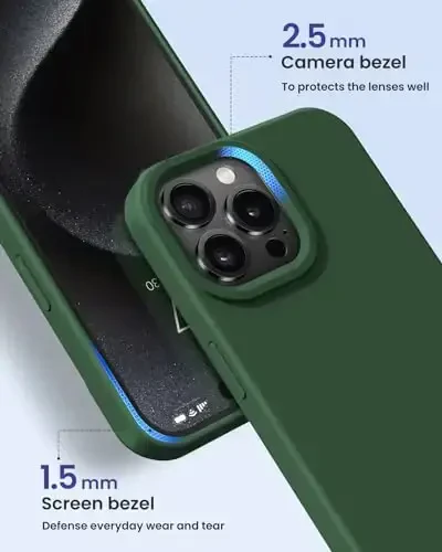 BUYDOT iPhone 15 Pro uchun g'ilof Suyuq silikon Yupqa zarbga chidamli himoya qopqog'i 6,1 dyuymli tirnalishga qarshi tomchidan himoya, qarag'ay yashil - 3