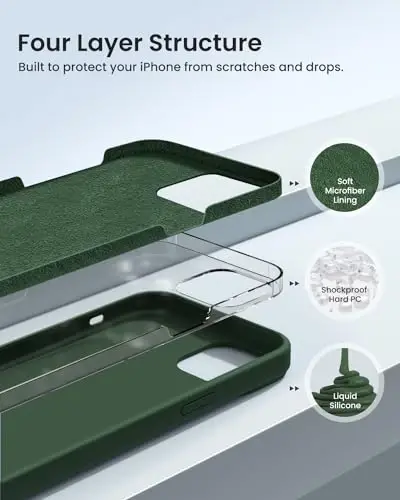 BUYDOT iPhone 15 Pro uchun g'ilof Suyuq silikon Yupqa zarbga chidamli himoya qopqog'i 6,1 dyuymli tirnalishga qarshi tomchidan himoya, qarag'ay yashil - BUYDOT (1)