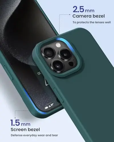 BUYDOT iPhone 15 Pro uchun g'ilof Suyuq silikon Yupqa zarbga chidamli himoya qopqog'i 6,1 dyuymli tirnalishga qarshi tomchidan himoya, qora yashil - 3