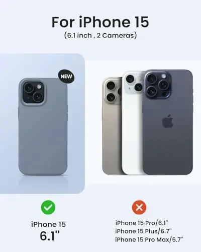 BUYDOT iPhone 15 uchun g'ilof Suyuq silikon Yengil zarbga chidamli himoya qopqog'i 6,1 dyuymli tirnalishga qarshi tushishdan himoya, Lavanda kulrang - 6