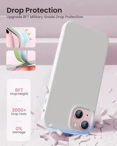 BUYDOT iPhone 15 uchun g'ilof Suyuq silikon Yupqa zarbaga chidamli himoya qopqog'i 6,1 dyuym Tirnalishga qarshi tomchidan himoya, oq - 4