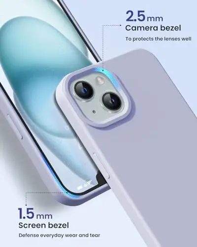 BUYDOT iPhone 15 uchun g'ilof Suyuq silikon Yupqa zarbga chidamli himoya qopqog'i 6,1 dyuym chizishga qarshi tushishdan himoya, och binafsha - 3