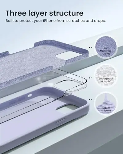 BUYDOT iPhone 15 uchun g'ilof Suyuq silikon Yupqa zarbga chidamli himoya qopqog'i 6,1 dyuym chizishga qarshi tushishdan himoya, och binafsha - BUYDOT (1)