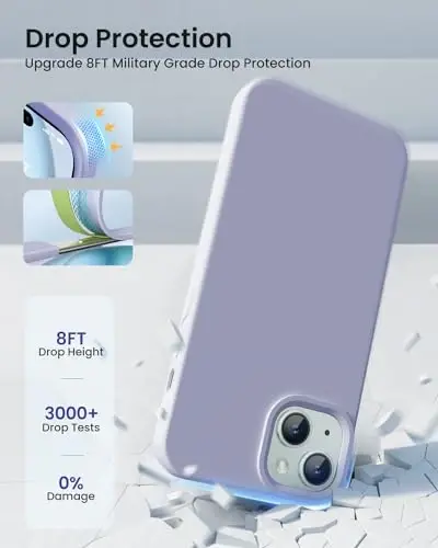 BUYDOT iPhone 15 uchun g'ilof Suyuq silikon Yupqa zarbga chidamli himoya qopqog'i 6,1 dyuym chizishga qarshi tushishdan himoya, och binafsha - 4