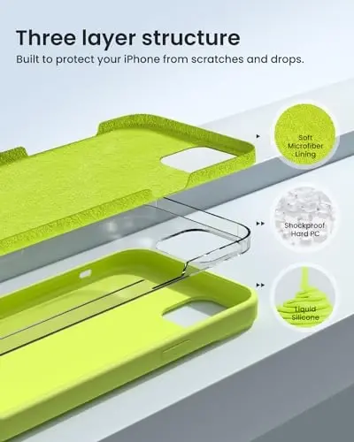 BUYDOT iPhone 15 uchun g'ilof Suyuq silikon Yupqa zarbga chidamli himoya qopqog'i 6,1 dyuymli chizishga qarshi tomchidan himoya, Fluoresan sariq - 2