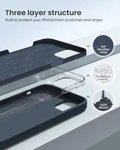 BUYDOT iPhone 15 uchun g'ilof Suyuq silikon Yupqa zarbga chidamli himoya qopqog'i 6,1 dyuymli tirnalishga qarshi tomchidan himoya, Midnight Blue - BUYDOT (1)