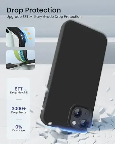 BUYDOT iPhone 15 uchun g'ilof Suyuq silikon Yupqa zarbga chidamli himoya qopqog'i 6,1 dyuymli tirnalishga qarshi tomchidan himoya, qora - 4