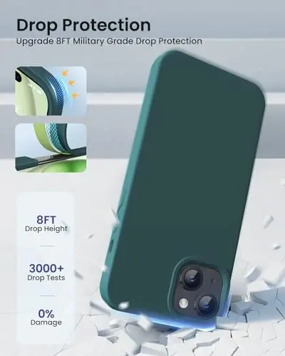 BUYDOT iPhone 15 uchun g‘ilof Suyuq silikon Yupqa zarbga chidamli himoya qopqog‘i 6.1 dyuymli tirnalishga qarshi tomchidan himoya, qoramtir yashil - 4