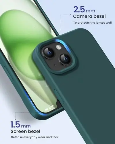 BUYDOT iPhone 15 uchun g‘ilof Suyuq silikon Yupqa zarbga chidamli himoya qopqog‘i 6.1 dyuymli tirnalishga qarshi tomchidan himoya, qoramtir yashil - 3