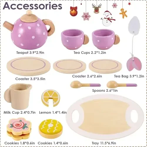 BUYGER Kids Wooden Tea Party Set for Little Girls Toddler Pretend Play Food Kitchen Accessories Princess Birthday Gifts for Ages 3 4 5 Years Old - 5