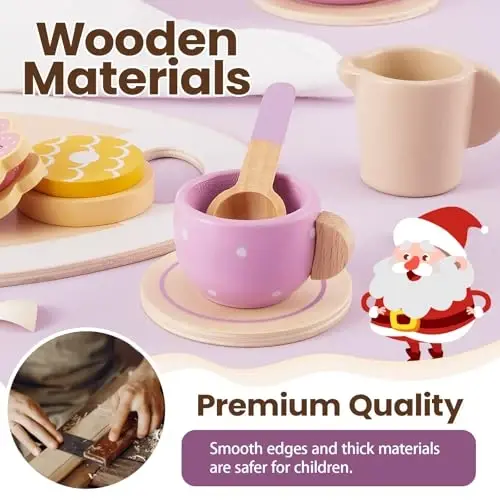 BUYGER Kids Wooden Tea Party Set for Little Girls Toddler Pretend Play Food Kitchen Accessories Princess Birthday Gifts for Ages 3 4 5 Years Old - 2