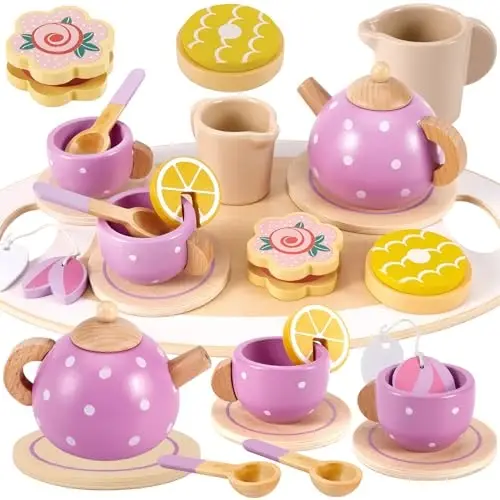BUYGER Kids Wooden Tea Party Set for Little Girls Toddler Pretend Play Food Kitchen Accessories Princess Birthday Gifts for Ages 3 4 5 Years Old 