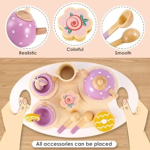 BUYGER Kids Wooden Tea Party Set for Little Girls Toddler Pretend Play Food Kitchen Accessories Princess Birthday Gifts for Ages 3 4 5 Years Old - 4