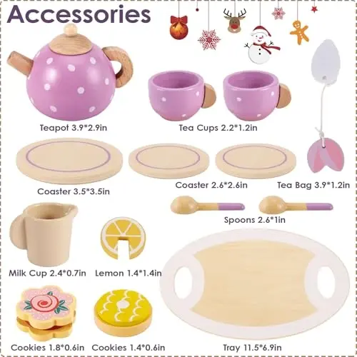 BUYGER Kids Wooden Tea Party Set for Little Girls Toddler Pretend Play Food Kitchen Accessories Princess Birthday Gifts for Ages 3 4 5 Years Old - 5