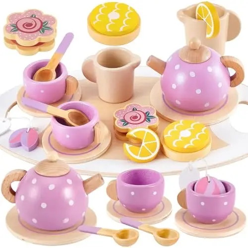BUYGER Kids Wooden Tea Party Set for Little Girls Toddler Pretend Play Food Kitchen Accessories Princess Birthday Gifts for Ages 3 4 5 Years Old - 1