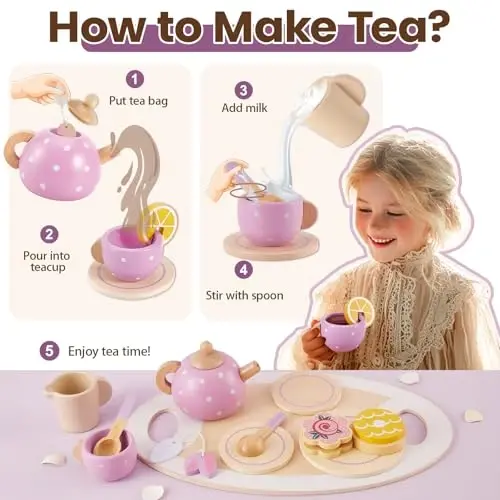 BUYGER Kids Wooden Tea Party Set for Little Girls Toddler Pretend Play Food Kitchen Accessories Princess Birthday Gifts for Ages 3 4 5 Years Old - 3