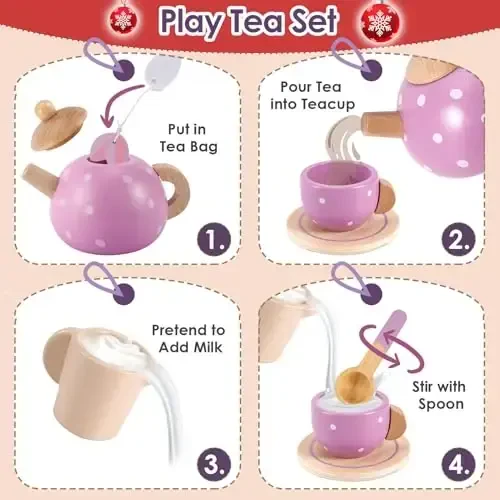 BUYGER Kids Wooden Tea Party Set for Little Girls Toddler Pretend Play Food Kitchen Accessories Princess Birthday Gifts for Ages 3 4 5 Years Old - 2