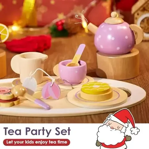 BUYGER Kids Wooden Tea Party Set for Little Girls Toddler Pretend Play Food Kitchen Accessories Princess Birthday Gifts for Ages 3 4 5 Years Old - 3