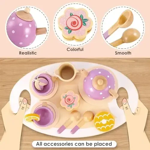 BUYGER Kids Wooden Tea Party Set for Little Girls Toddler Pretend Play Food Kitchen Accessories Princess Birthday Gifts for Ages 3 4 5 Years Old - 4