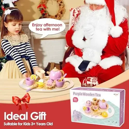 BUYGER Kids Wooden Tea Party Set for Little Girls Toddler Pretend Play Food Kitchen Accessories Princess Birthday Gifts for Ages 3 4 5 Years Old - 6