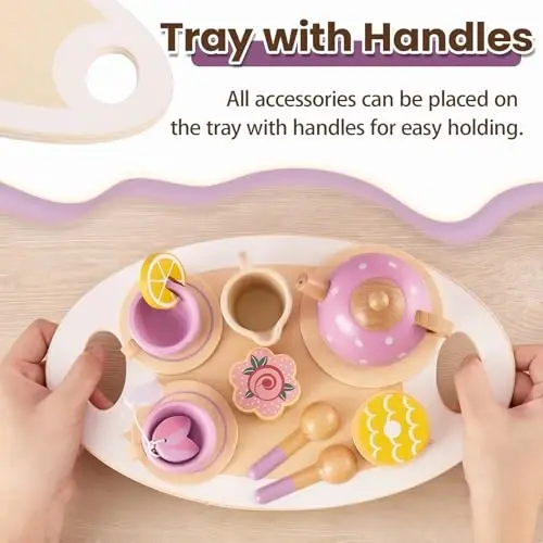 BUYGER Kids Wooden Tea Party Set for Little Girls Toddler Pretend Play Food Kitchen Accessories Princess Birthday Gifts for Ages 3 4 5 Years Old - 4